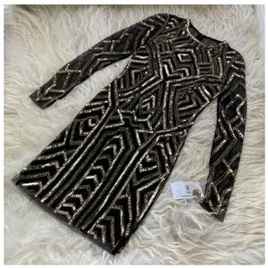 Aidan Mattox black and gold hand beaded cocktail dress